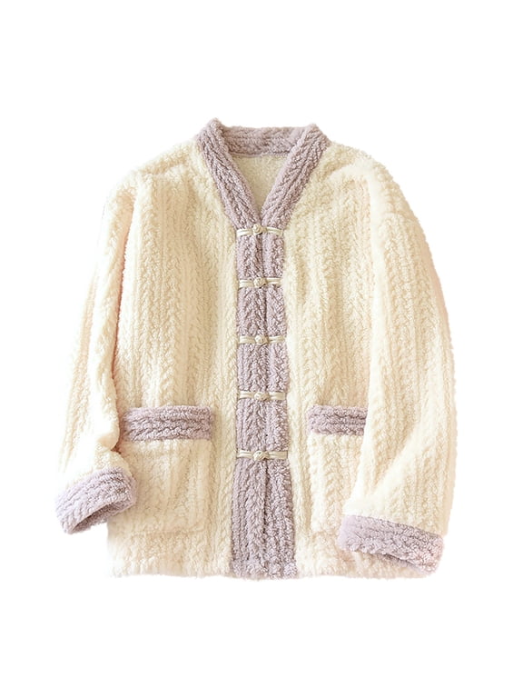 Womens Fleece Bed Jackets Fluffy Button Down Color Block Loungewear Thick Flannel Winter Warm Sleepwear with Pockets Beige,L