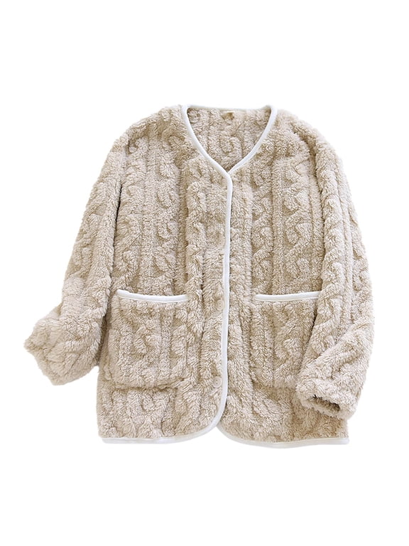 Womens Fleece Bed Jackets Fuzzy Thick Long Sleeve Pajamas Button Down Sleepwear Flannel Winter Shackets with Pockets Beige,L