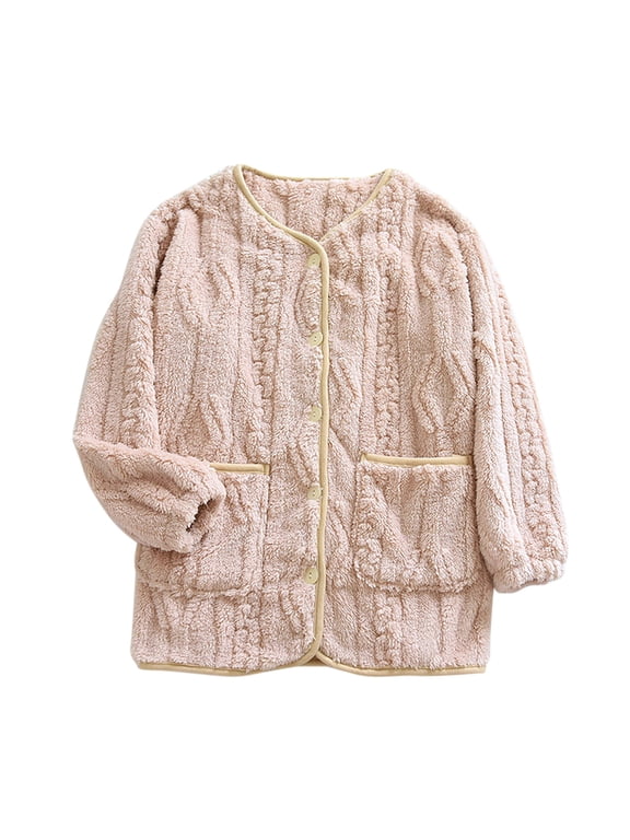Womens Fleece Bed Jackets Fuzzy Thick Long Sleeve Pajamas Button Down Sleepwear Flannel Winter Shackets with Pockets Beige,L