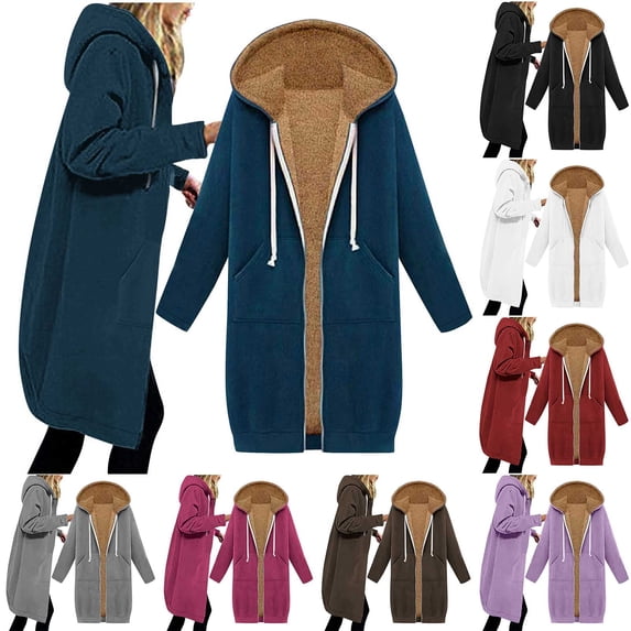 lcziwo Womens Fleece Lined Hooded Jacket Oversized Zip Up Long Sweatshirt Jackets Warm Winter Hoodie Coat with Pockets Navy S