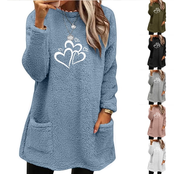 lcziwo Womens Fuzzy Fleece Sweatshirt Cute Heart Graphic Long Sleeve Crewneck Sherpa Pullover Loose Comfy Loungewear Thermal Tops with Pockets 50% Percent Off Sales Today Blue L