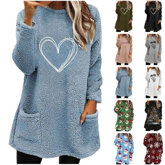 lcziwo Womens Fuzzy Sherpa Sweatshirt Casual Crewneck Long Sleeve Pullover Tops Cute Graphic Print Fleece Sweater, Army Green, XXL