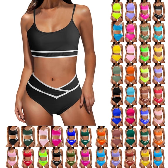 lcziwo Womens High Waist Bikini Sets Casual Scoop Neck Cheeky Two Piece Swimsuits Trendy Color Block Swim Bra and Bottoms Sporty Bathing Suits Hot Pink L Hoy Oferta Flash