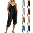 thumbnail image 1 of lcziwo Womens Linen Capri Jumpsuits Spaghetti Straps V Neck Cinch Bottom Rompers Casual Loose Fit Onesie Pant Cropped Overalls with Pockets Green M Gifts for Mom, 1 of 7