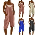 thumbnail image 1 of lcziwo Womens Linen Capri Overalls Sleeve Spaghetti Straps Short Jumpsuits Casual Loose Fit V Neck Cinch Bottom Rompers with Pockets Back to School Prime Sales, 1 of 6