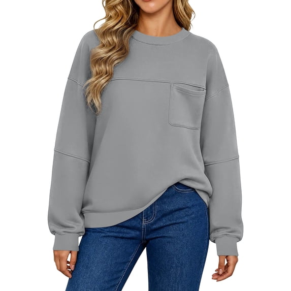 lcziwo Womens Long Sleeve Crewneck Sweatshirts Casual Sweatshirt with Front Pockets Athletic Solid Color Pullover Winter 2026 Gray,XL