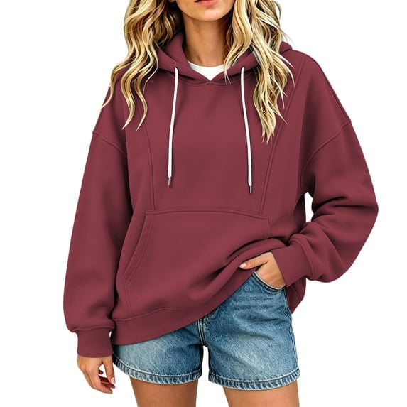 lcziwo Womens Long Sleeve Sweatshirt Casual Athletic Sweatshirts with Pockets Solid Color Drawstring Hoodies Winter 2026 Wine,XXL