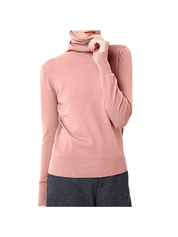 Womens Long Sleeve Turtleneck Tops Casual Slim Fitted Knitted Cotton Base Layer Basic Lightweight Thermal Undershirt Pink,S