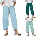 thumbnail image 1 of lcziwo Womens Loose Fit Wide Leg Capris Summer Cotton Linen Tulip Hem Beach Pants Casual Elastic Waist Cropped Trousers with Pockets Limited Time Sales of The Day Light Blue M, 1 of 5
