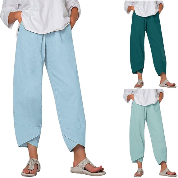 lcziwo Womens Loose Fit Wide Leg Capris Summer Cotton Linen Tulip Hem Beach Pants Casual Elastic Waist Cropped Trousers with Pockets Limited Time Sales of The Day Light Blue M