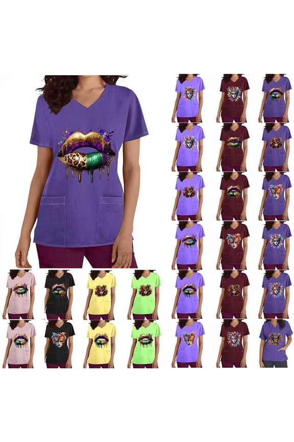 Womens Mardi Gras Scrubs 2025 Spring Scrub Tops Carnival Funny Graphic Shirts Casual V Neck Medical Nursing Uniforms with Pockets Black L Ofertas en Walmart