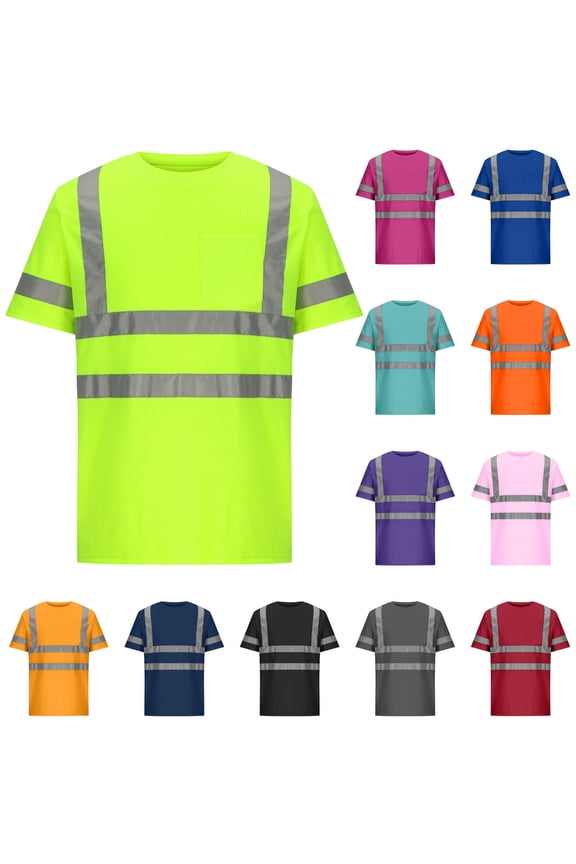 Womens Mens Shirts Short Sleeve High Visibility Safety Shirt with Reflective Stripes and Pocket Quick Dry Mesh Construction Work Tops, Yellow, L