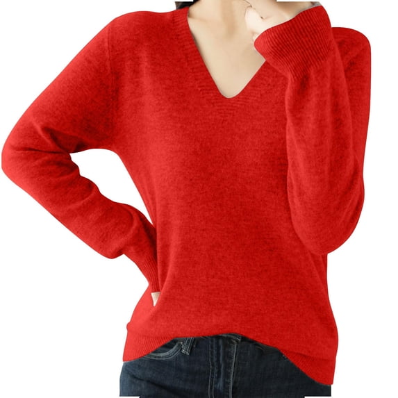 lcziwo Womens Merino Wool Sweaters Long Sleeve Warm V Neck Solid Color Knitted Sweater Fall Winter Soft Causal Undershirts Red,M