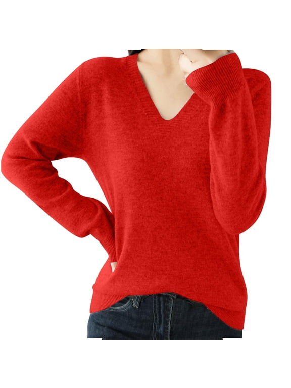 Womens Merino Wool Sweaters Long Sleeve Warm V Neck Solid Color Knitted Sweater Fall Winter Soft Causal Undershirts Red,M