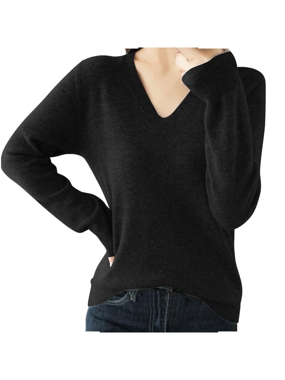 Womens Merino Wool Sweaters Warm Long Sleeve V Neck Knitted Sweater Fall Winter Casual Soft Undershirts Daliy Black,XL