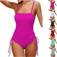 thumbnail image 1 of lcziwo Womens One Piece Spaghetti Straps Swimsuit Ruched Low Cut Tummy Control Bathing Suit Summer Sleeveless Backless Swimwear Hot Pink L, 1 of 4