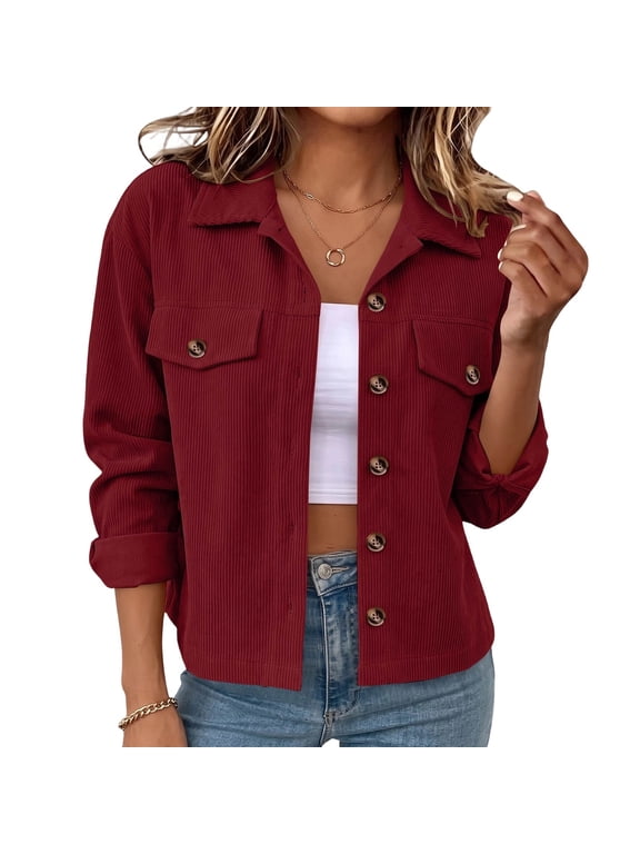 Women's Corduroy Blouse Casual Button Down Collared Long Sleeve Shackets with Pockets Comfy Soft Solid Color Shirts Wine,S