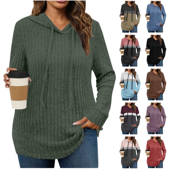 lcziwo Womens Oversized Hoodie Fashion Color Block Ribbed Knit Sweaters Casual Hooded Sweatshirts Long Sleeve Pullover Tops, Blue, S