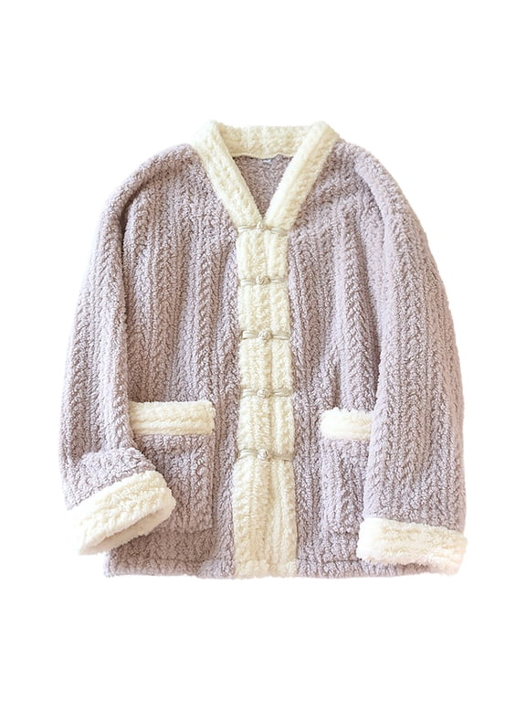 Womens Pajama Jackets Fluffy Color Block Loungewear with Pockets Thick Flannel Fleece Button Down Winter Warm Sleepwear Purple,M