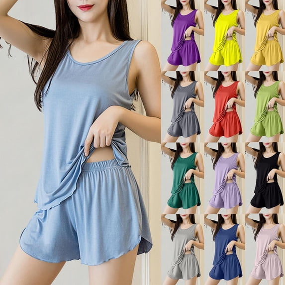 lcziwo Womens Pajamas Ruffle Solid Color 2 Piece Outfit Supportive Wide Strap Round Neck Tank Tops and Elastic Waist Short Pajama Set Green XXL