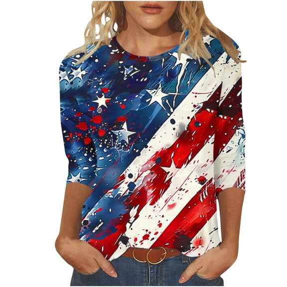 lcziwo Womens Plus Size 4th of July Shirt Stars and Striped Graphic Print Shirts 3/4 Length Sleeve Crew Neck Blouses Summer 2025 Multicolor,XXXXL