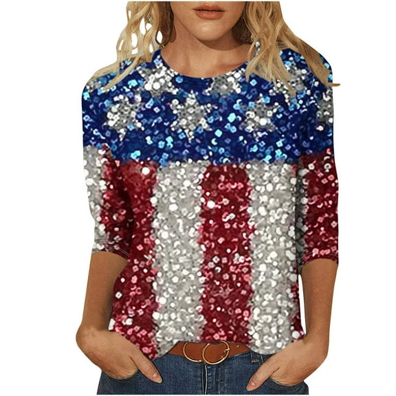 lcziwo Womens Plus Size 4th of July Shirt Stars and Striped Graphic Print Shirts 3/4 Length Sleeve Crew Neck Blouses Summer 2025 Multicolor,XXXXXL