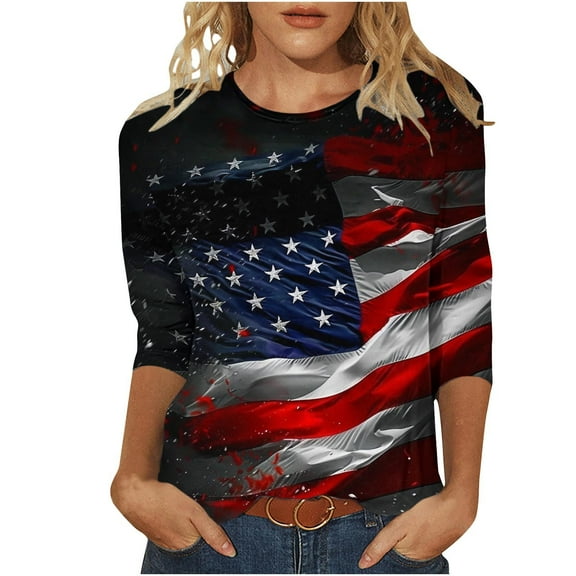lcziwo Womens Plus Size 4th of July Shirts Three Quarter Length Sleeve Crew Neck Tops Vintage Patriotic Graphic Print Summer 2025 Multicolor,XXXXL