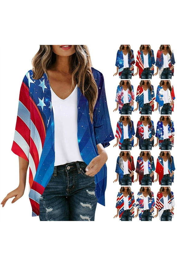Womens Plus Size Shawl with Sleeves 4th of July American Flag Print Kimonos Cardigan Casual 3/4 Sleeve Cover Up Chiffon Cardigans Summer Tops Multicolor XXXXXL Ofertas Flash