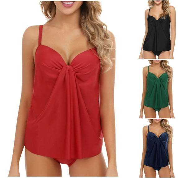 lcziwo Womens Push Up Tummy Control Swimsuit Solid Color V Neck Knot Front Tankini and Bottoms 2 Piece Bathing Suit Vacation Outfits Green L Clearance Sale