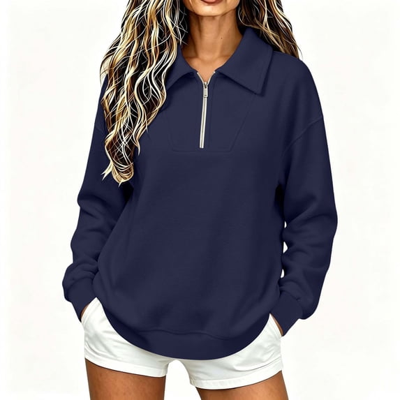 lcziwo Womens Quarter Zip Pullover Athletic Basic Laple Neck Long Sleeve Sweatshirts Solid Color Oversized Hoodie Fall 2026 Navy,L