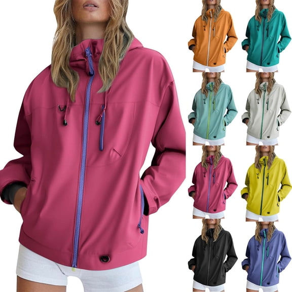 lcziwo Womens Raincoats Casual Hiking Long Sleeve Coats Solid Color Rainy Days Zip Up Shacket with Pocket Army Green L