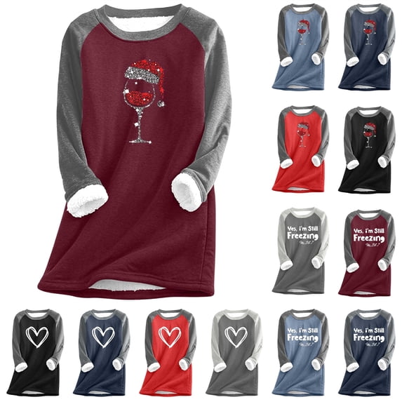 lcziwo Womens Sherpa Lined Long Sleeve Sweatshirts Casual Round Neck Fleece Patchwork Warm Tops Loungewear, Wine, XXL
