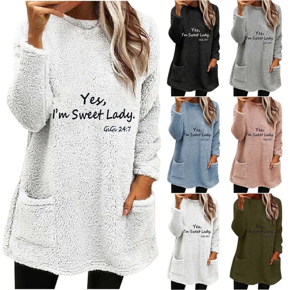 lcziwo Womens Sherpa Pullover Fuzzy Fleece Sweatshirts Oversized Crewneck Tunic Sweatshirt Letter Print Loungewear Thermal Tops with Pockets Cyber and Monday Sales Black L