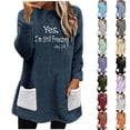 thumbnail image 1 of lcziwo Womens Sherpa Pullover Oversized Letter Graphic Fuzzy Fleece Sweatshirt Loose Comfy Loungewear Winter Thermal Tops with Colorblock Pockets Limited Time Sales of Today Navy M, 1 of 6