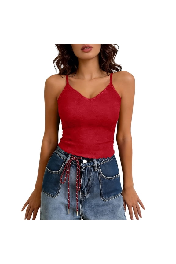 Womens Sleeveless Tank Tops Lace Trim Built in Bra Round Neck Tank Top Solid Color Summer Casual Slim Fit Tank Tops Red M