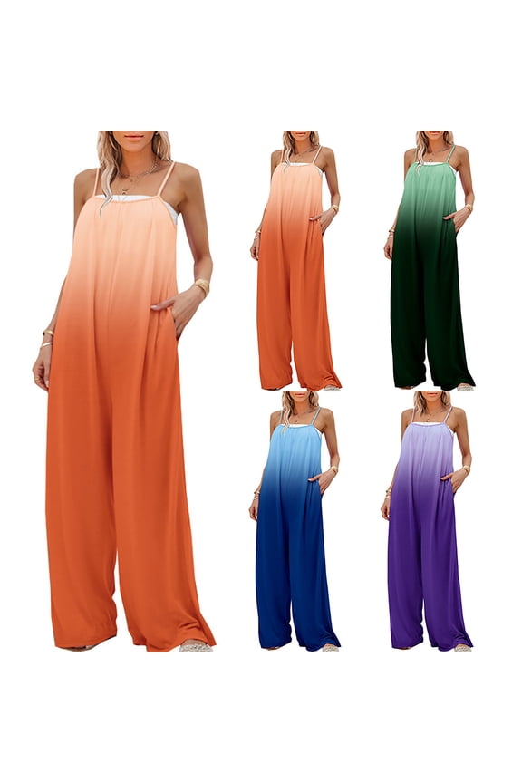 Womens Spaghetti Strap Wide Leg Jumpsuits Fashion Gradient Print One Piece Overalls 2025 Summer Sleeveless Rompers with Pockets