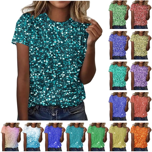 lcziwo Womens Sparkle Print Short Sleeve T Shirts Dressy Causal Round Neck Tops Loose Fit Plus Size Blouses Summer Clothes Red XXXXL