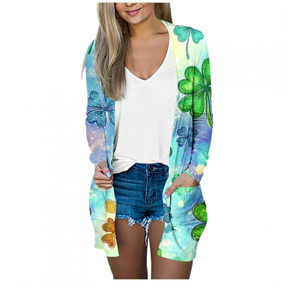 lcziwo Womens St. Patrick's Day Cardigan Breathable Lightweight Thin Long Sleeve Open Front Shawl Collar Draped Beach Cover Ups with Pockets Today's Deals,Multicolor,XL