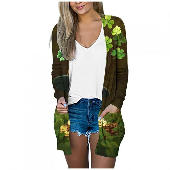 lcziwo Womens St. Patrick's Day Cardigan Breathable Lightweight Thin Long Sleeve Open Front Shawl Collar Draped Beach Cover Ups with Pockets Weekly Deals,Multicolor,XL