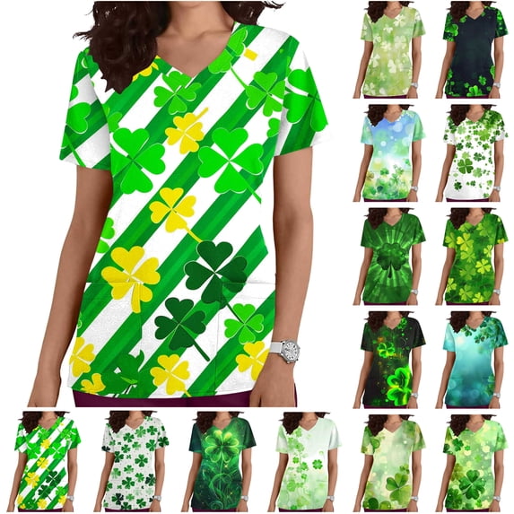 lcziwo Womens St. Patrick's Day Scrubs Tops Workwear V Neck Short Sleeve Print Nursing Uniform Casual Scrubs Shirts with Pockets 2025 Vacation Outfits Navy XL Lighten Sales of The Day