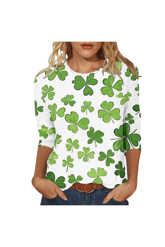 Womens St Patty's Day Tops Green Shirts Funny St Patricks Day Lucky Irish Shamrock Crew Neck Tee 3/4 Sleeve Graphics T-Shirt 2025 Multicolor,M
