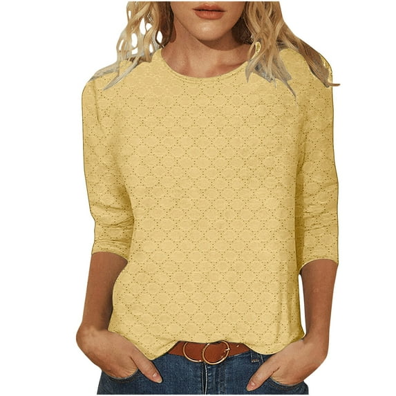 lcziwo Womens Summer 2025 Tops 3/4 Length Sleeve Casual Eyelet Crewneck Shirts Breathable Elegant Loose Fit Dressy Trendy Tunic Blouses Top Yellow,M