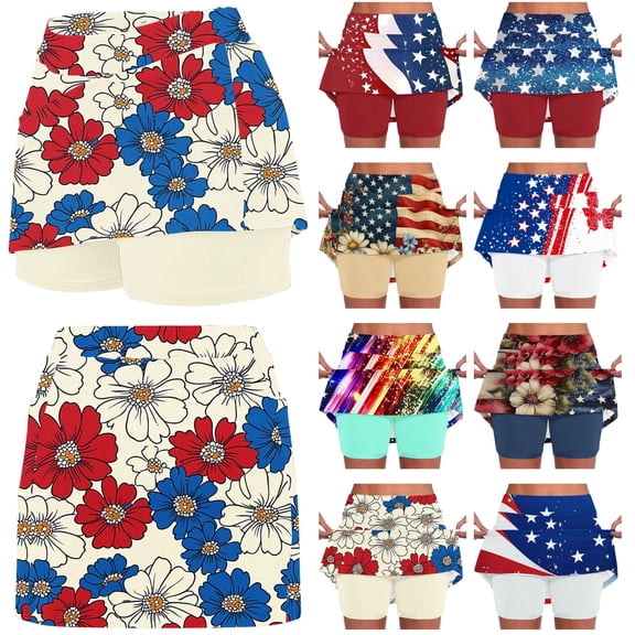 lcziwo Womens Summer Athletic Skorts Fashion American Flag Print Patriotic Skirts with Liner Shorts 4th of July Workout Pockets Golf Tennis Skirts White M