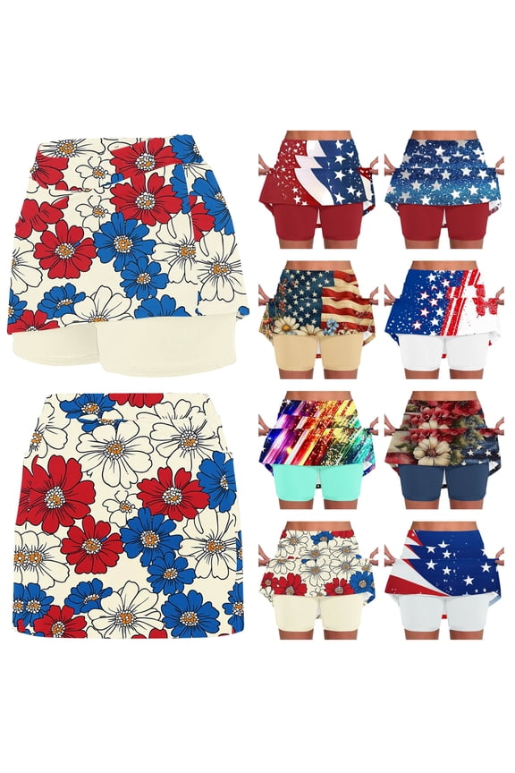 Womens Summer Athletic Skorts Fashion American Flag Print Patriotic Skirts with Liner Shorts 4th of July Workout Pockets Golf Tennis Skirts White M