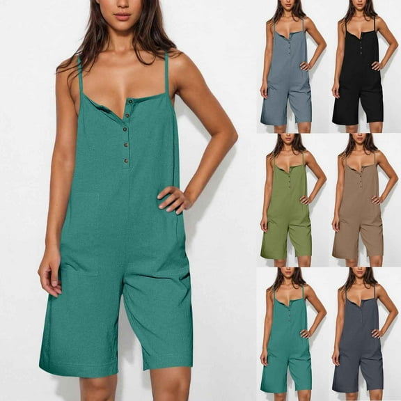 lcziwo Womens Summer Casual Sleeveless Romper Loose Adjustable Straps Button Down Overalls Shorts Lightweight Linen One Piece Jumpsuit 2025 Clothes on Sale Clearance Khaki S