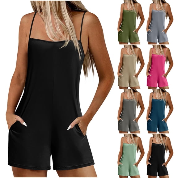 lcziwo Womens Summer Casual Sleeveless Rompers Vacation Beach Spaghetti Strap Shorts Overalls Solid Causal Cotton Comfy Romper with Pockets My Orders Placed By Me Hot Pink L