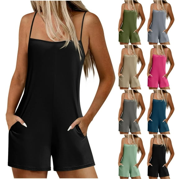 lcziwo Womens Summer Casual Sleeveless Rompers Vacation Beach Spaghetti Strap Shorts Overalls Solid Causal Cotton Comfy Romper with Pockets Prime By Hour Gray XL