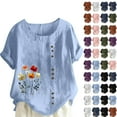 thumbnail image 1 of lcziwo Womens Summer Cotton and Linen Button Round Neck Tees Shirt Fashion Boho Floral Print Beach Tops Casual Plus Size Short Sleeve Blouses Lightning Sales Today Coffee XXXXXL, 1 of 5