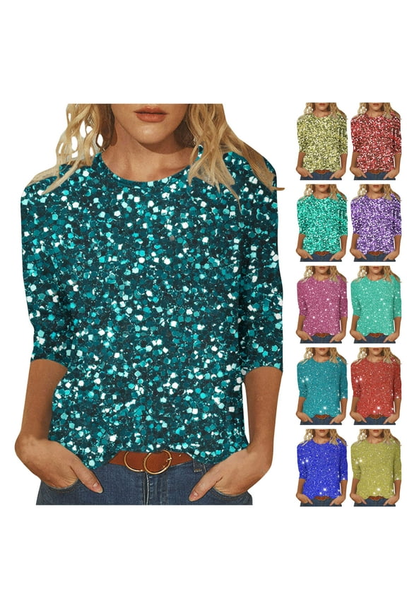 Womens Summer Dressy Casual Shirts Fashion Sparkly Sequin Print 3/4 Sleeve Shirt Loose Crewneck Pullover Blouse Today Sales Navy XXL