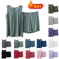 thumbnail image 1 of lcziwo Womens Summer Pajama Set Plus Size Modal Pajamas Solid Color Wide Strap Tank Top and Elastic Waist Short 2 Piece Outfit Green XXXL, 1 of 5